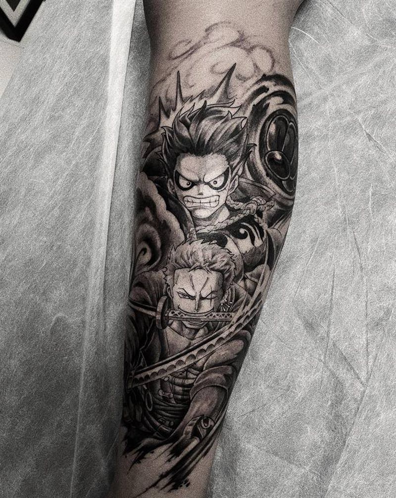 海贼王路飞索隆纹身图片_腿部欧美写实纹身图案
