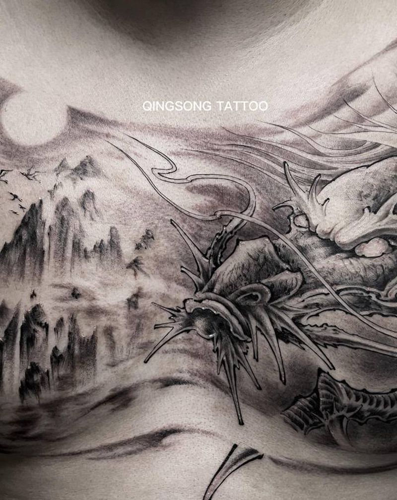 花胸作品纹身图片_胸部新传统纹身图案