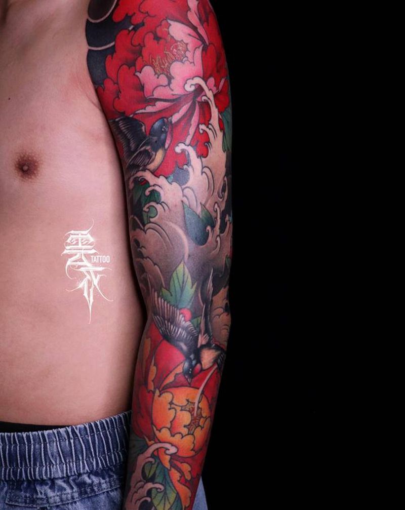 鸟语花香纹身图片_手臂新传统纹身图案