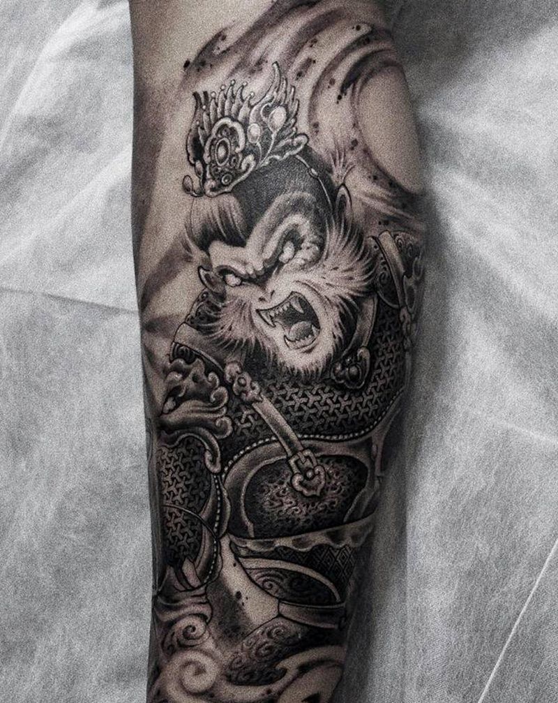 卡卡罗特大战孙悟空纹身图片_腿部新传统欧美写实纹身图案