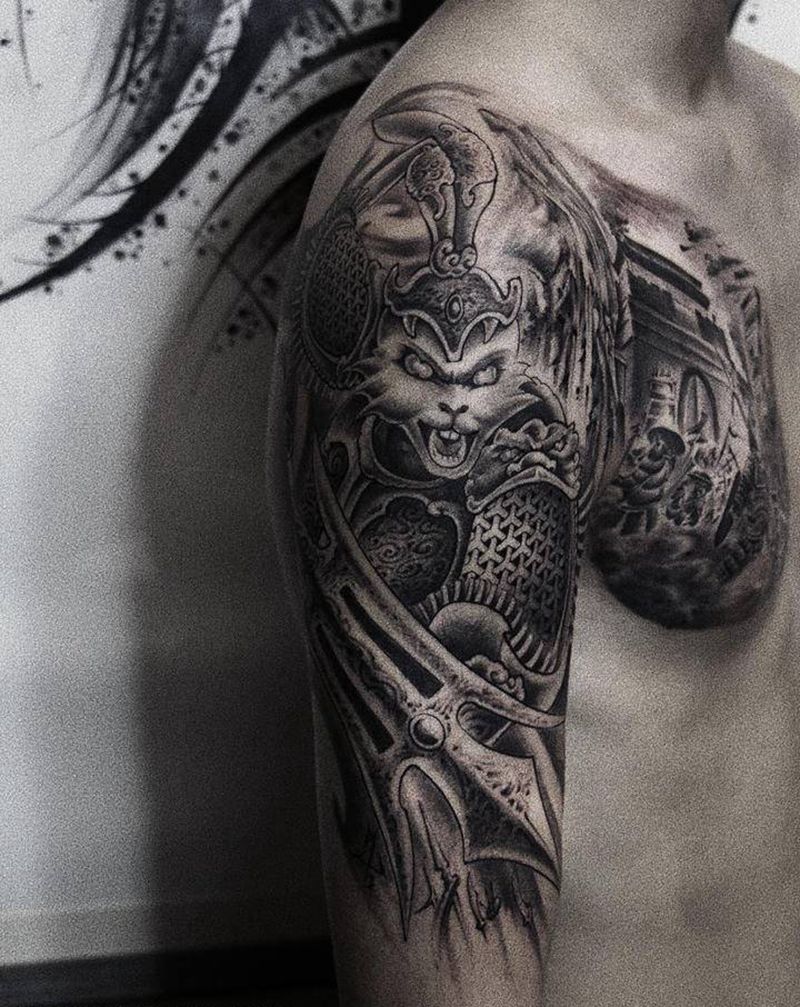 兔将军驰骋沙场纹身图片_胸部手臂新传统欧美写实纹身图案