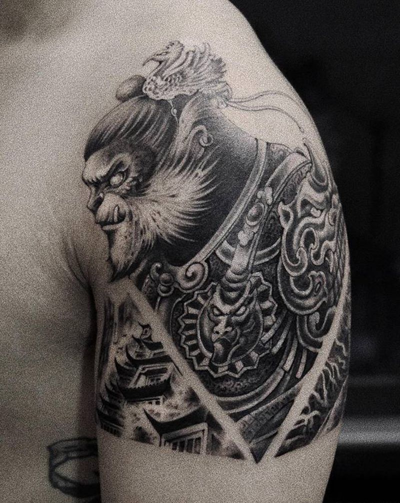 大圣明王建筑氛围图纹身图片_手臂手部新传统欧美写实纹身图案