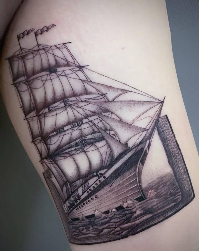 帆船纹身图片_手臂点刺欧美写实纹身图案