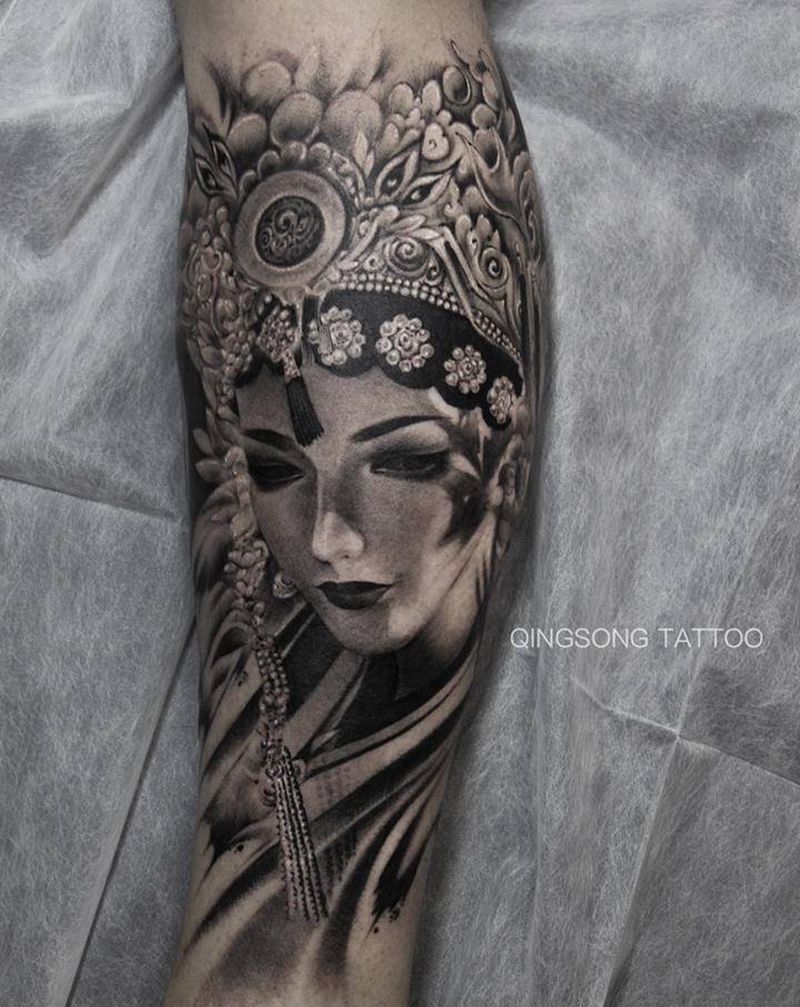 花旦作品纹身图片_腿部脚部新传统欧美写实纹身图案