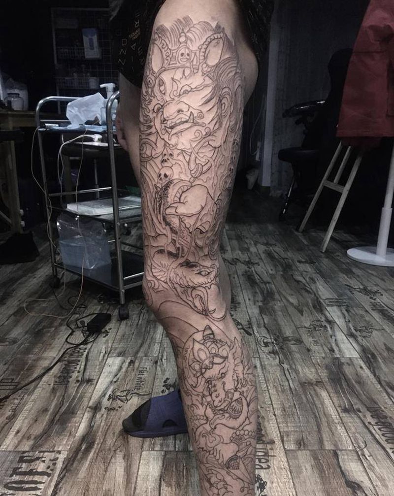 花腿线条纹身图片_腿部纹身图案