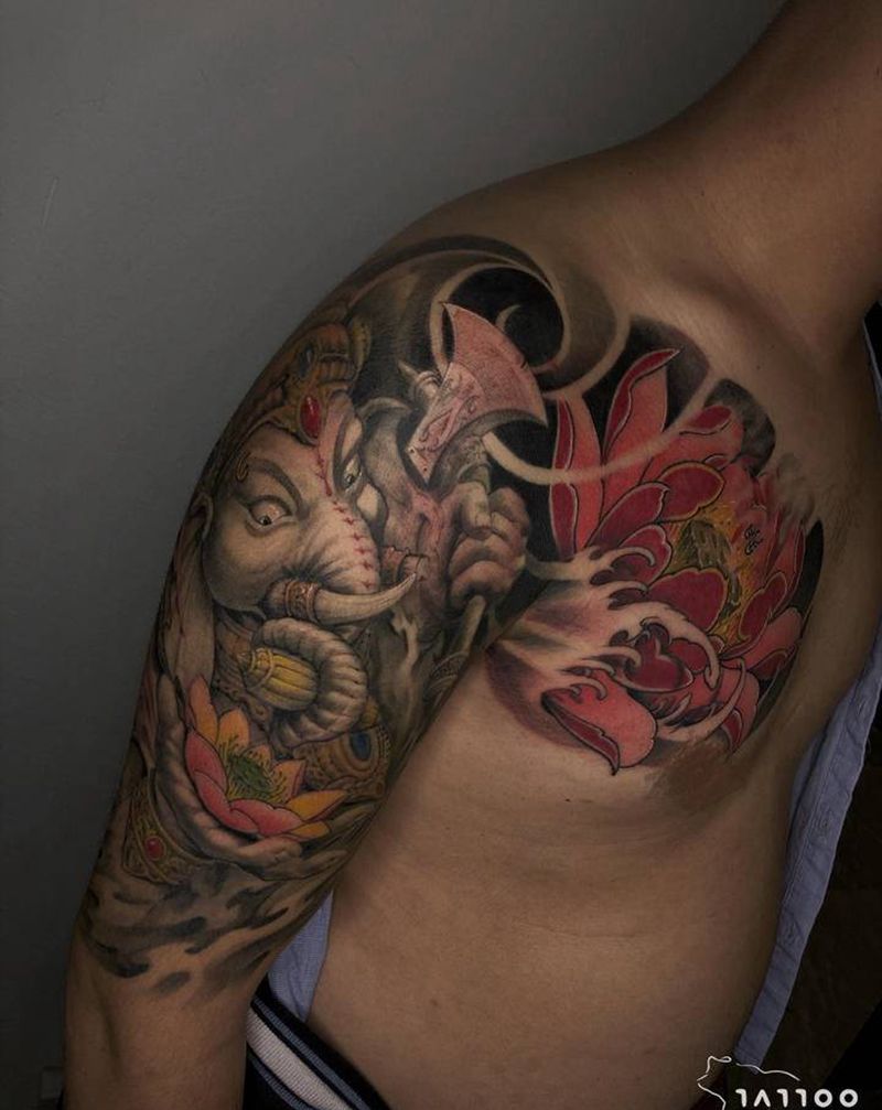 半甲纹身图片_肩部胸部纹身图案