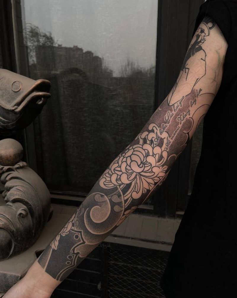 局部日式老传统花臂纹身图片_手臂肩部老传统日式花臂老传统花臂纹身图案