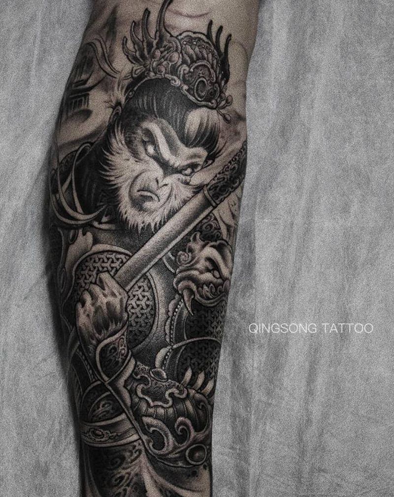大圣如来包小腿纹身图片_腿部新传统欧美写实纹身图案