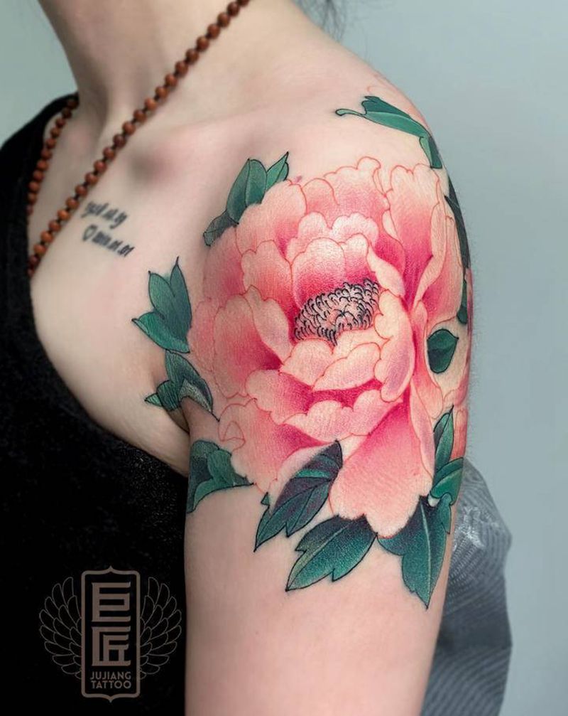 富贵牡丹纹身图片_肩部手臂新传统牡丹，鱼纹身图案