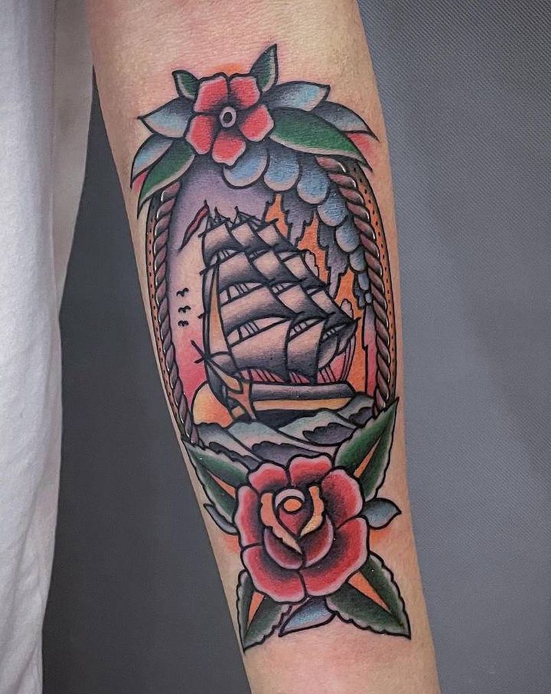 帆船纹身图片_手臂Old School纹身图案