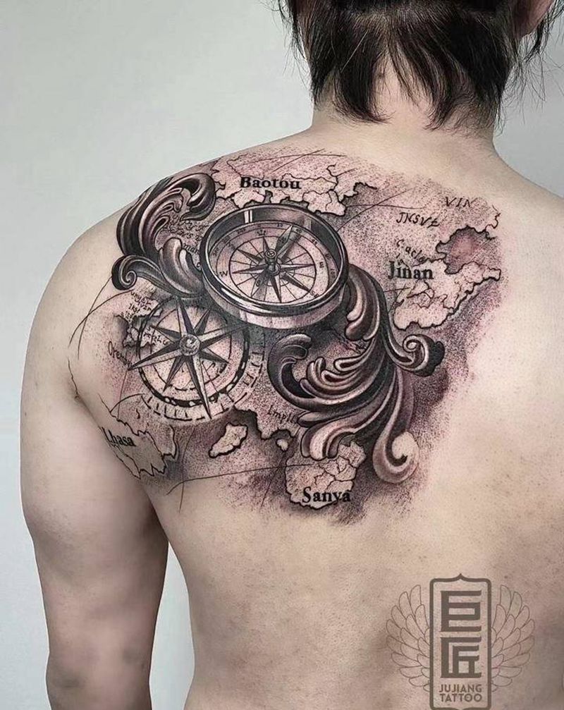 定制款纹身图片_背部欧美写实地图指南针纹身图案
