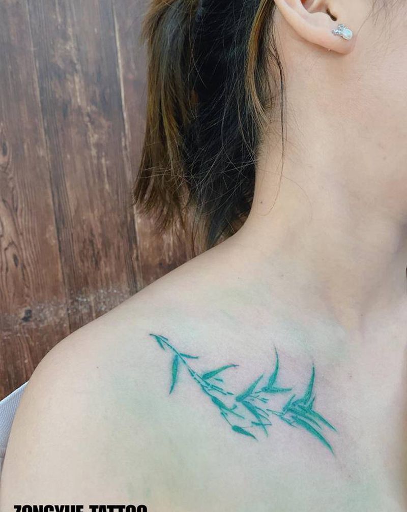 竹纹身图片_肩部胸部水墨水彩竹植物纹身图案