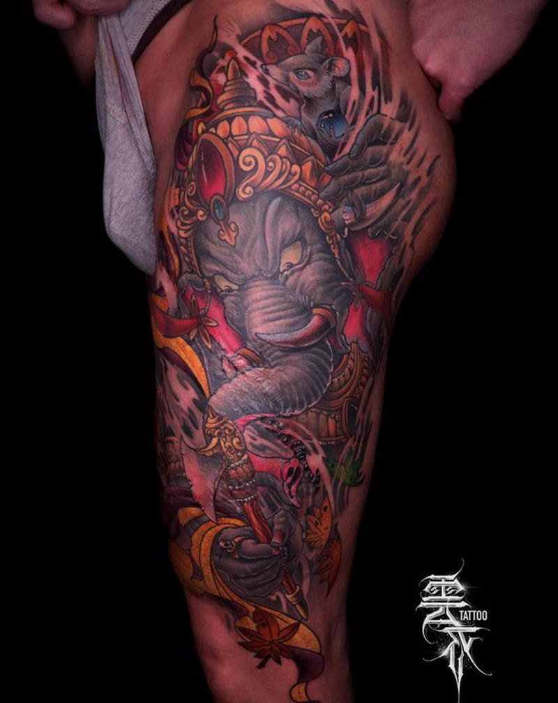 象神纹身图片_腿部新传统纹身图案