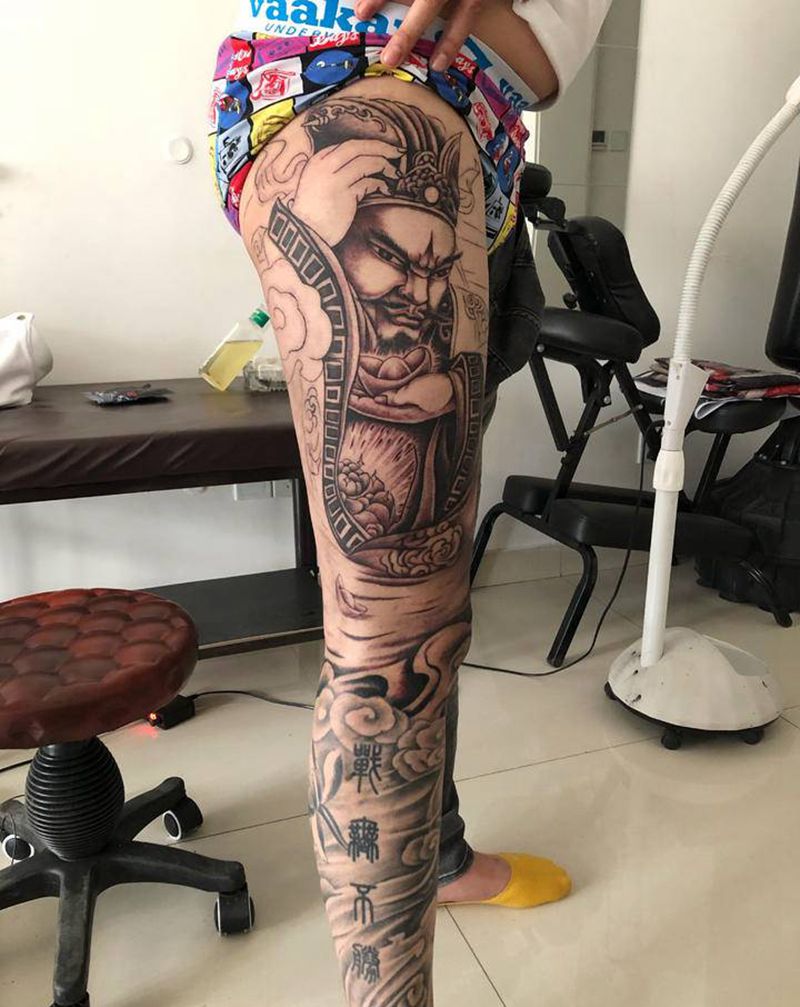 花腿 财神纹身图片_腿部新传统纹身图案