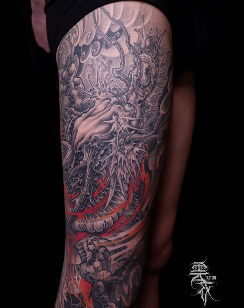 龙纹身图片_腿部新传统点刺纹身图案