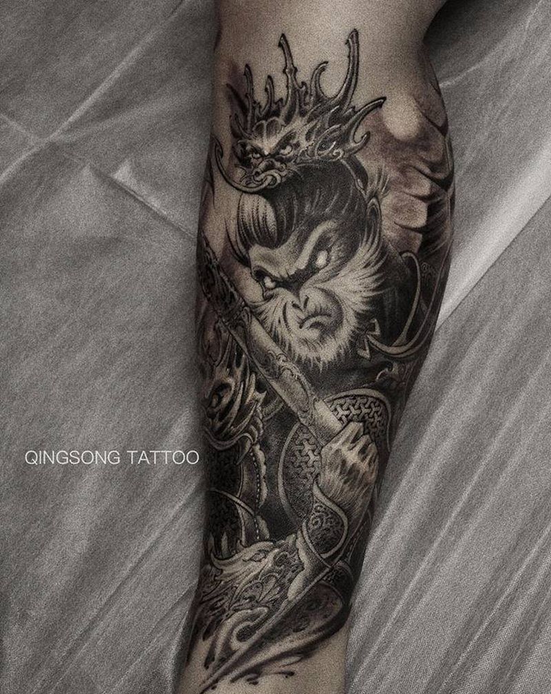 齐天大圣纹身图片_腿部新传统纹身图案