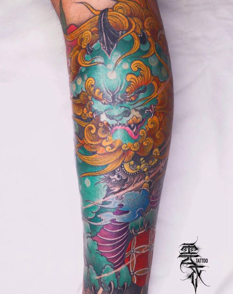 唐狮纹身图片_腿部新传统纹身图案