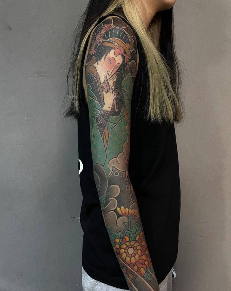 浮世绘老传统花臂纹身图片_手臂老传统老传统日式老传统纹身图案