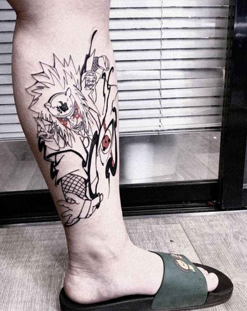 自来也线条纹身图片_腿部动漫纹身图案