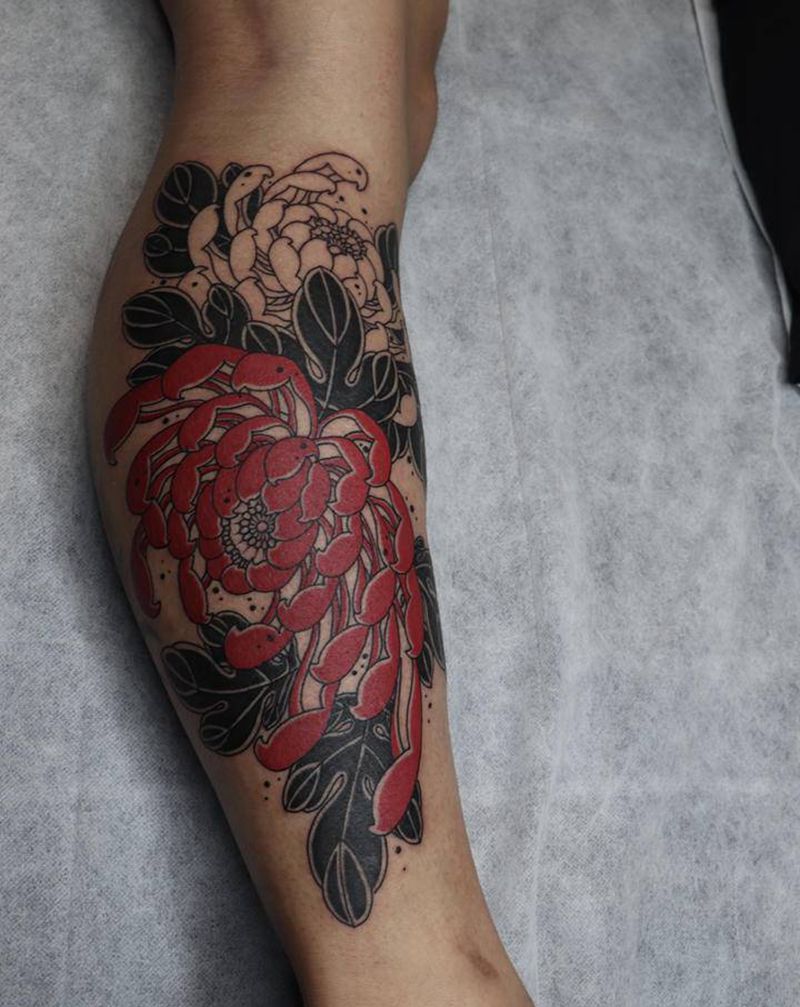 菊纹身图片_腿部老传统纹身图案