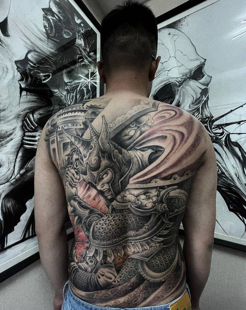 杀神白起-血染沙场纹身图片_背部新传统欧美写实纹身图案