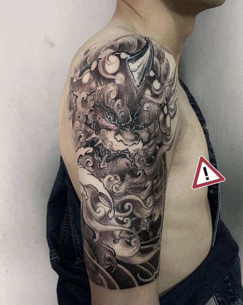 唐狮子纹身图片_手臂新传统老传统唐狮貔貅唐狮子纹身图案