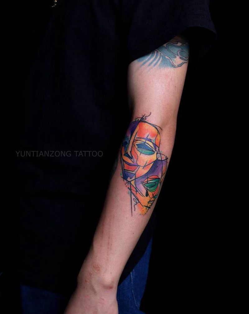 面具纹身图片_手臂New School水彩纹身图案