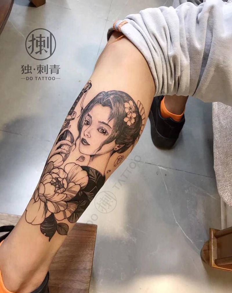 艺妓纹身图片_腿部手臂欧美写实纹身图案