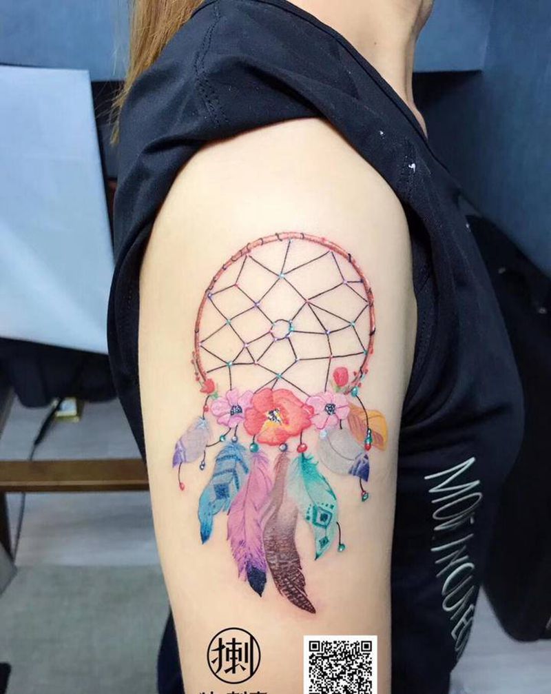 捕梦网纹身图片_手臂背部水彩纹身图案