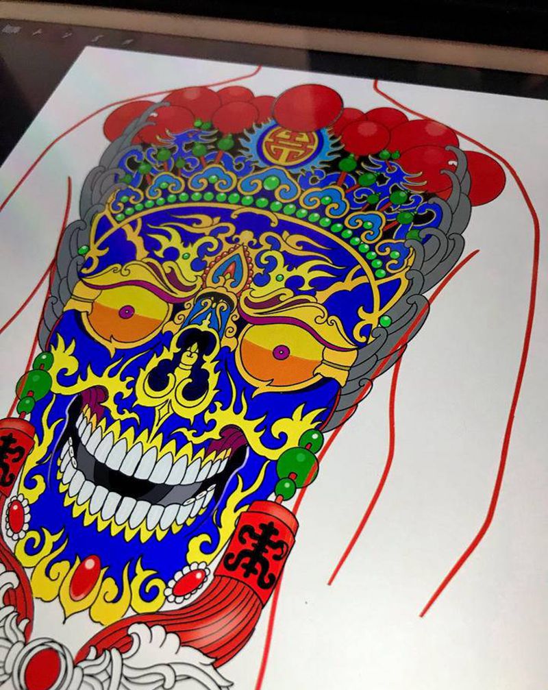 满背嘎巴拉手稿纹身图片_背部新传统纹身图案