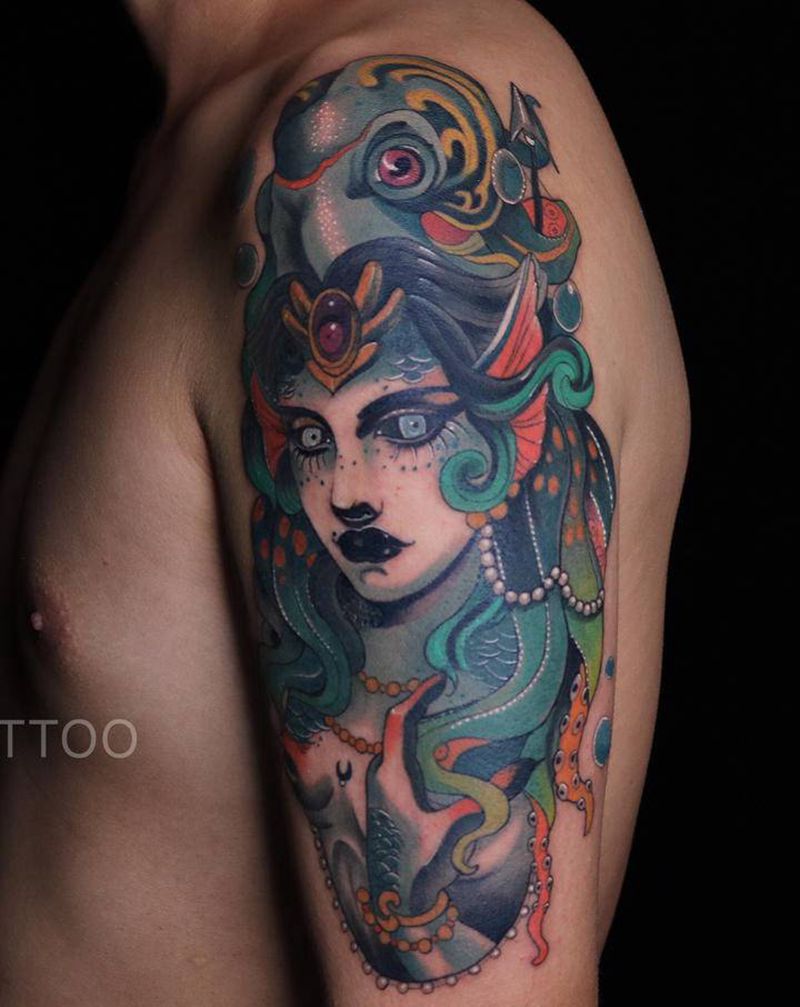 海蛟女纹身图片_手臂New School纹身图案