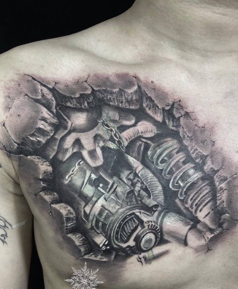 机械遮盖纹身图片_胸部欧美写实几何机械石雕遮盖纹身图案