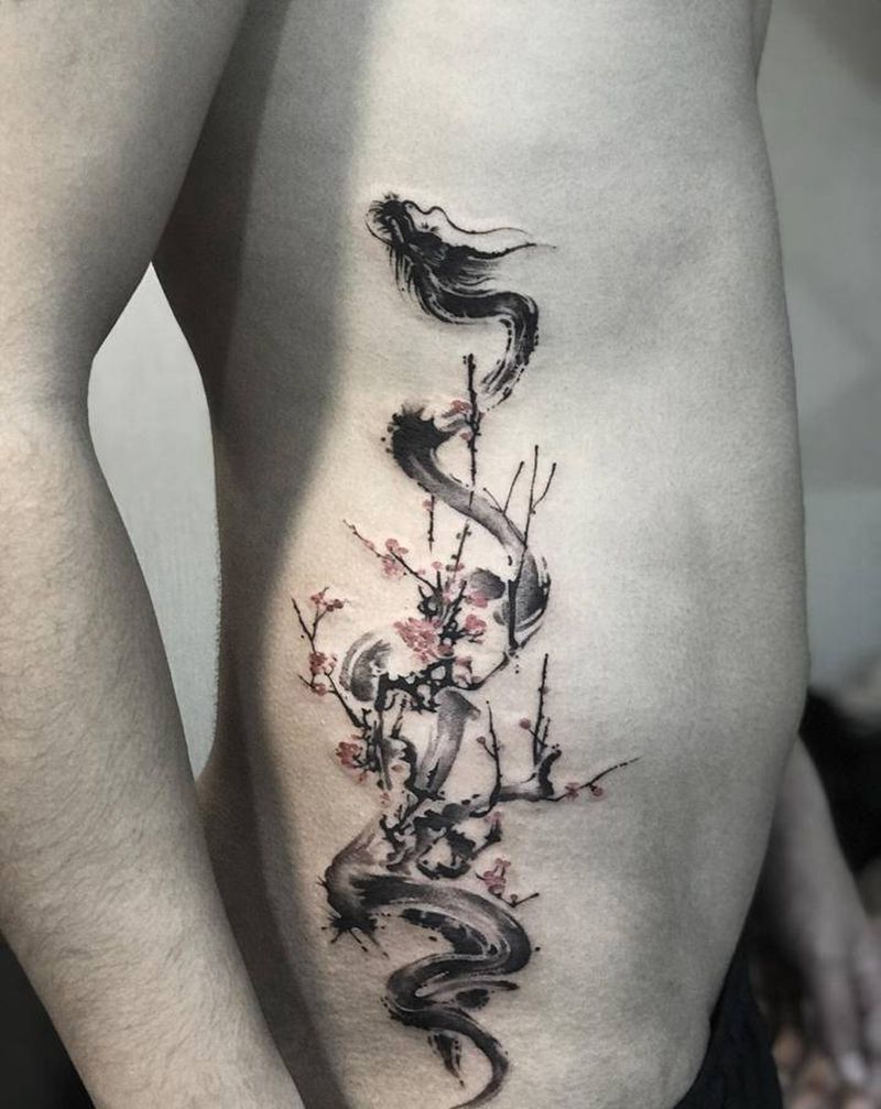 水墨龙 .梅花纹身图片_腹部新传统老传统纹身图案