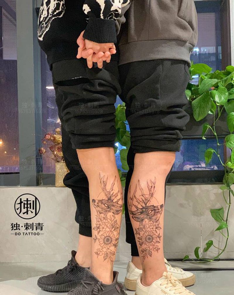 鹿纹身图片_腿部点刺图腾纹身图案