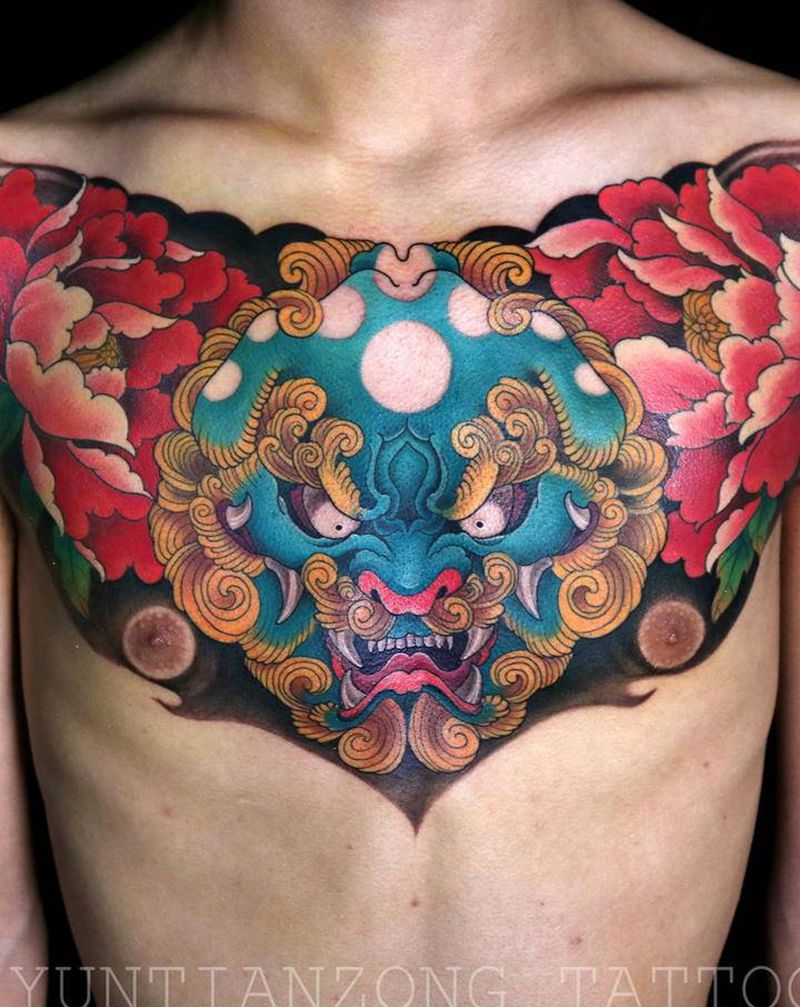 唐狮牡丹纹身图片_胸部新传统纹身图案