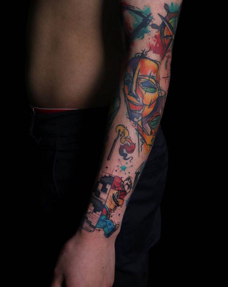 水彩花臂纹身图片_手臂水墨水彩纹身图案