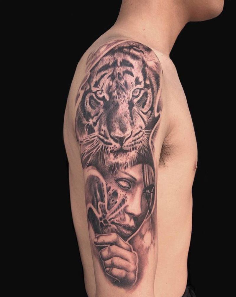 大臂欧美写实纹身图片_手臂肩部欧美写实欧美写实老虎纹身图案
