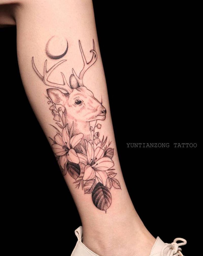 鹿纹身图片_脚部腿部点刺纹身图案