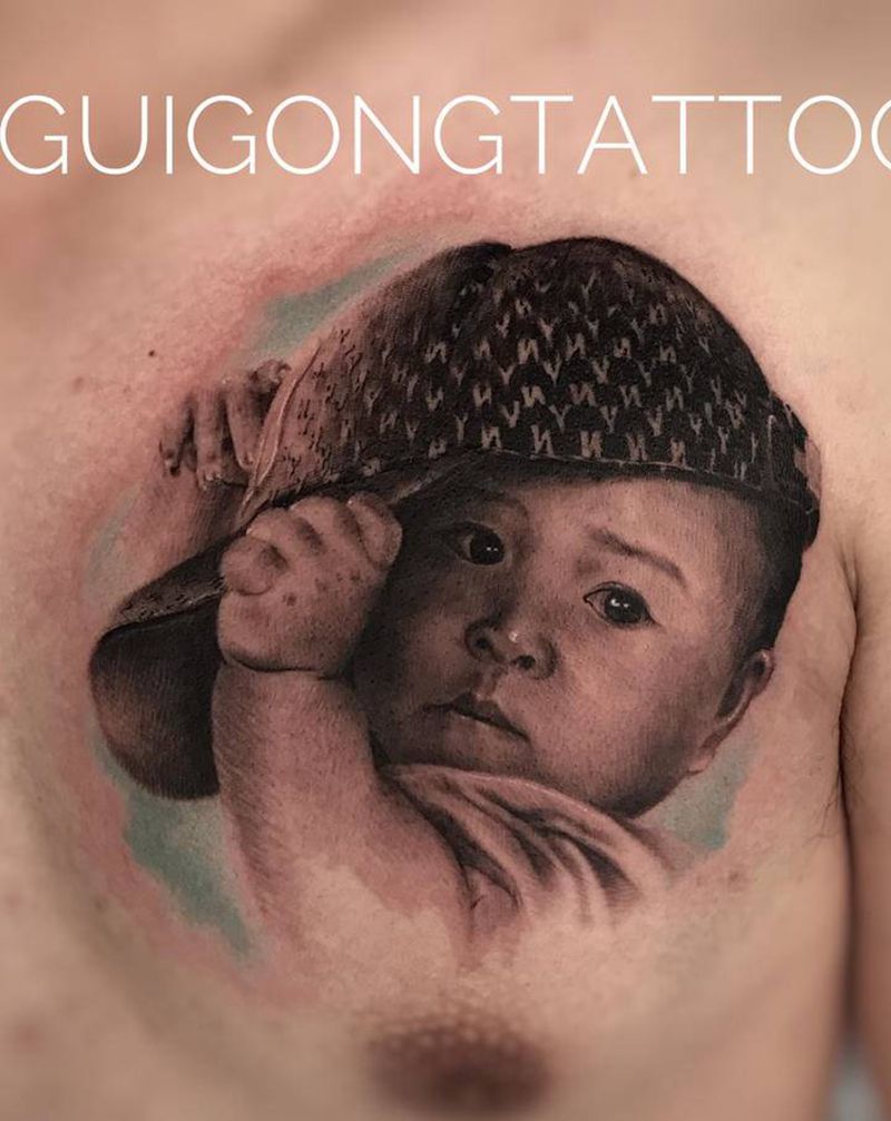 肖像纹身图片_胸部欧美写实纹身图案