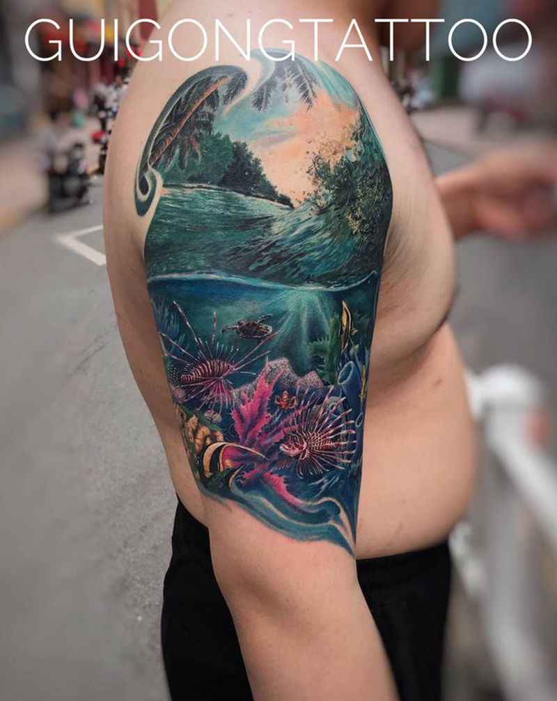 海洋世界纹身图片_手臂肩部欧美写实纹身图案