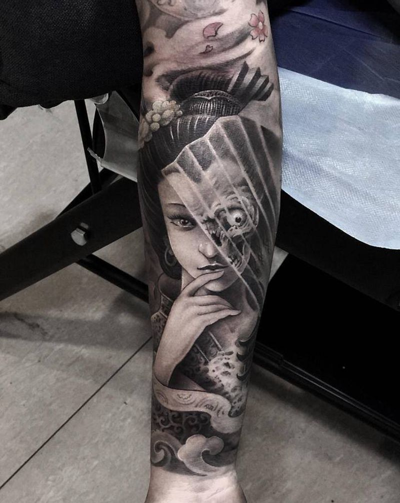 艺伎纹身图片_手臂新传统艺妓纹身图案