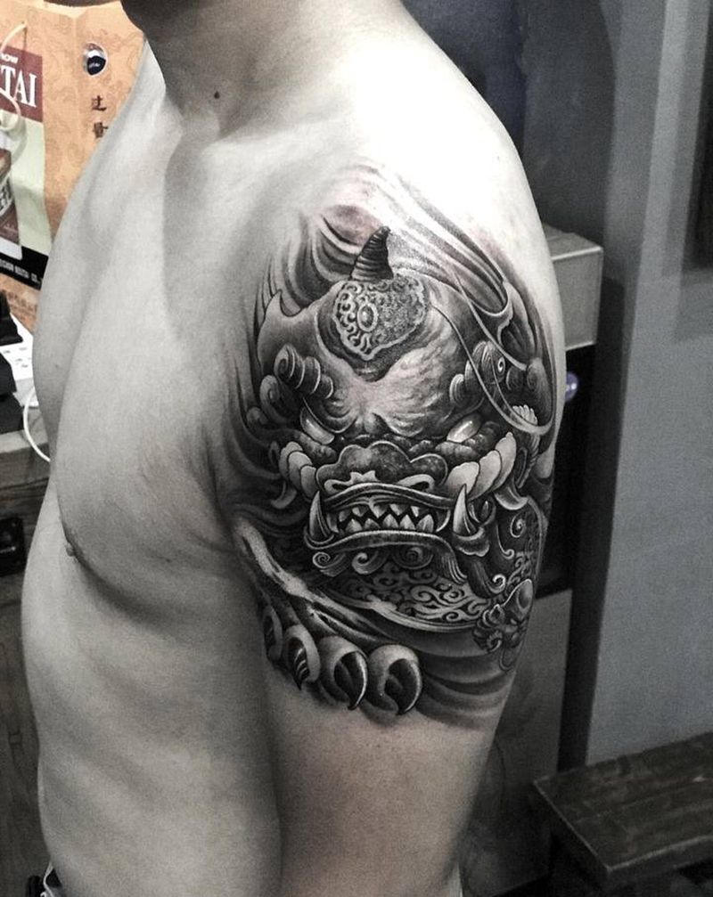 貔貅纹身图片_手臂新传统大臂貔貅纹身图案