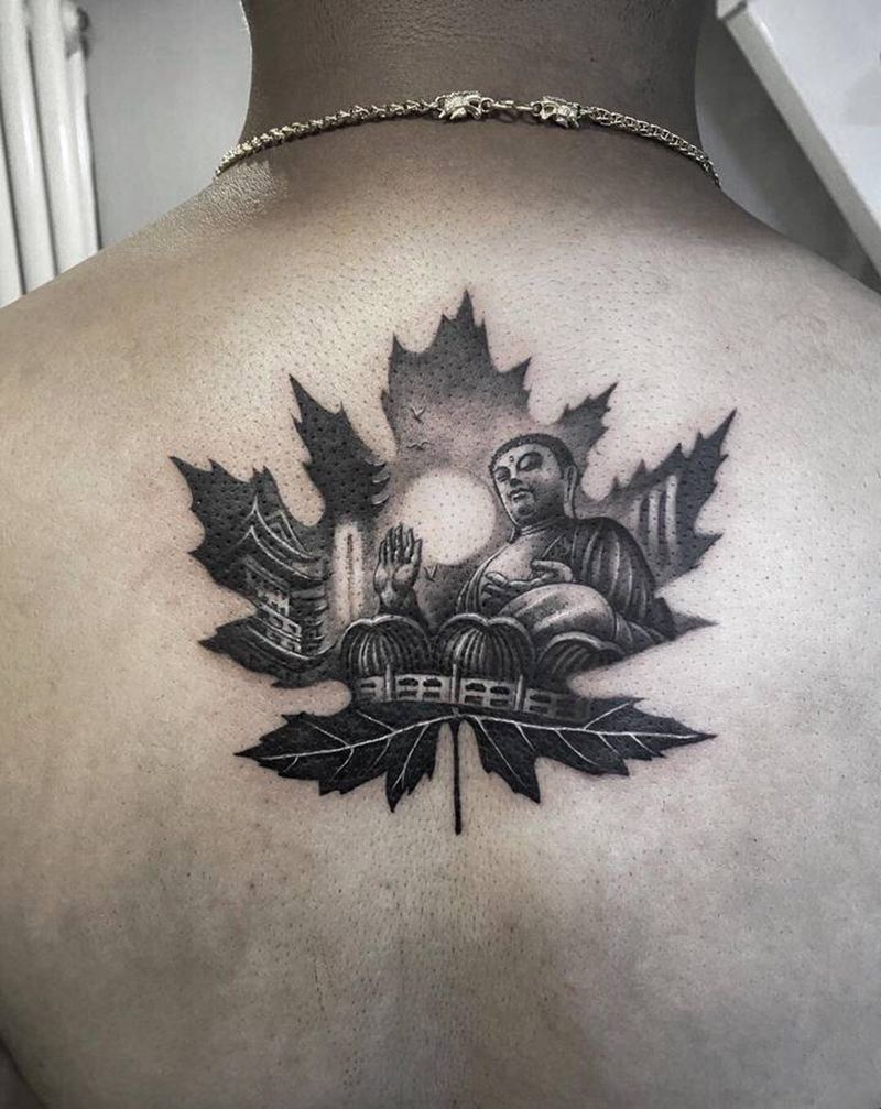 一叶一菩提纹身图片_背部新传统一叶一菩提纹身图案