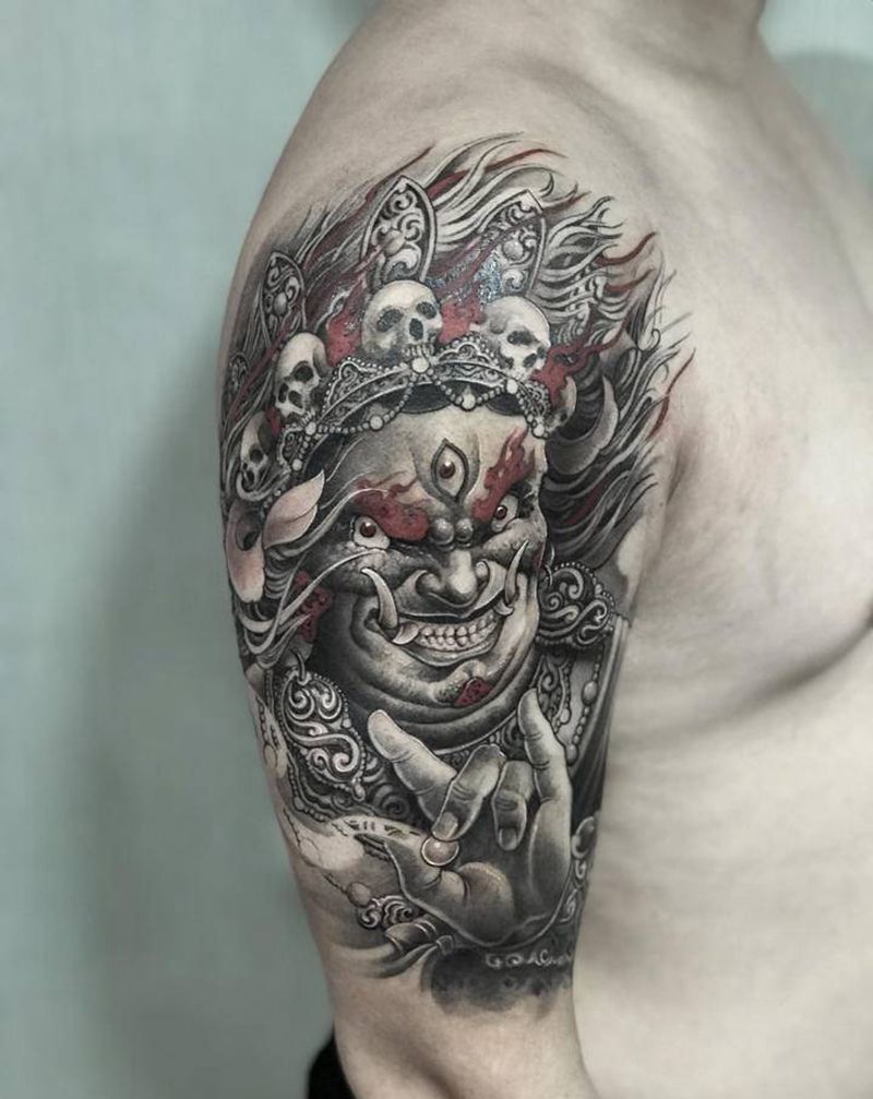 大黑天纹身图片_手臂新传统大黑天纹身图案
