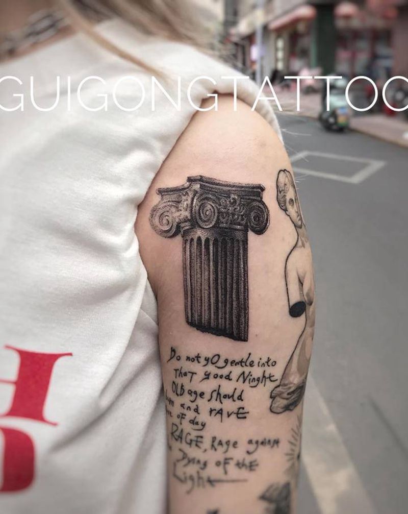 点刺小作-古希腊爱奥尼克柱式纹身图片_手臂欧美写实纹身图案