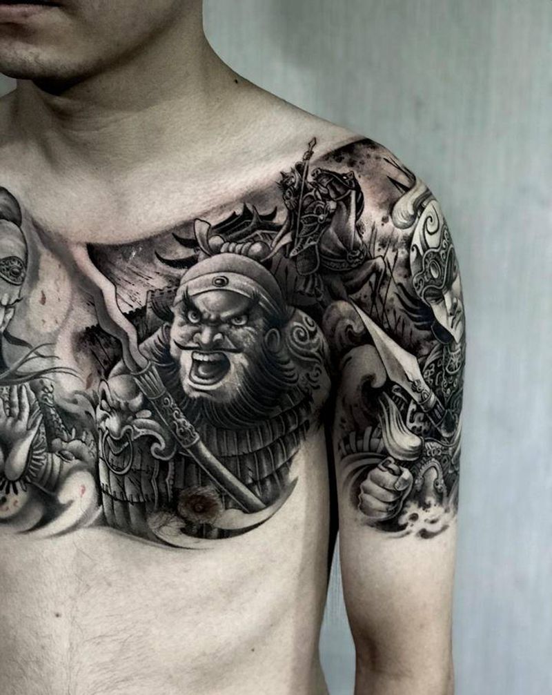 三国题材纹身图片_胸部新传统赵云半甲纹身图案