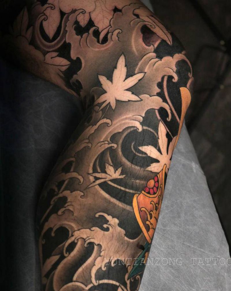 浪腿纹身图片_腿部新传统纹身图案