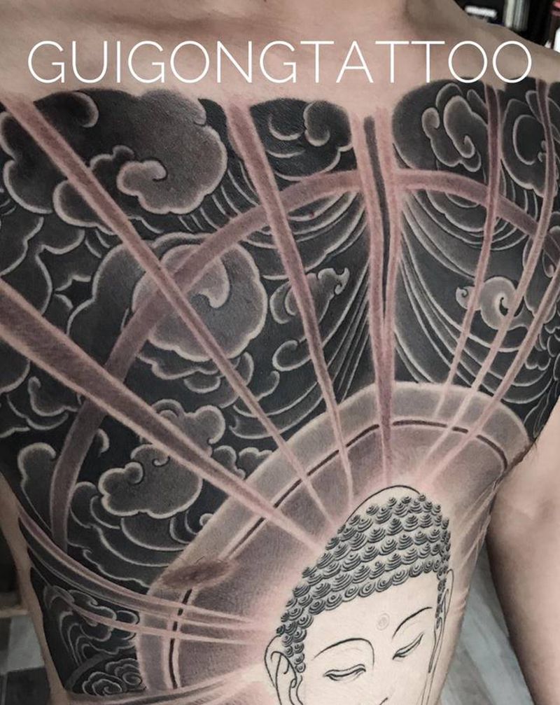 释迦摩尼佛纹身图片_胸部新传统老传统纹身图案