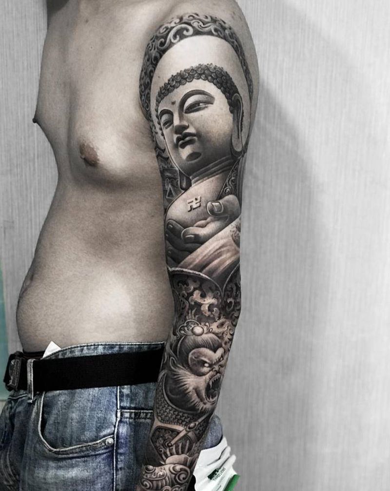 佛  齐天大圣纹身图片_手臂新传统佛 猴子纹身图案