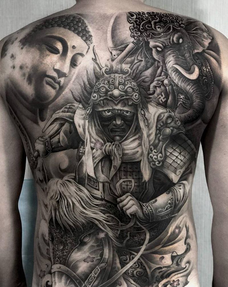 武士纹身图片_背部新传统铠甲人物纹身图案